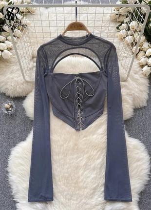 Блузка кофточка топ серый декольте шнуровка завязки сетка клеш прозрачный корсет1 фото