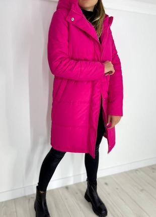 Шикарна тепла подовжена зимова курточка куртка пальто стьобана матова чорна сіра рожева малинова з капюшоном парку шуба пуховик10 фото