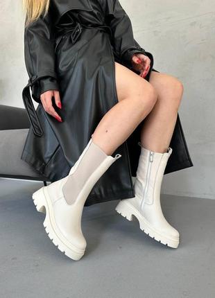 Женские зимние ботинки молочные на платформе челси высокие из натуральной кожи с мехом на молнии (bon)