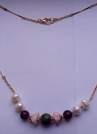 Ожерелье, натуральный  жемчуг, жадеит, кварц2 фото
