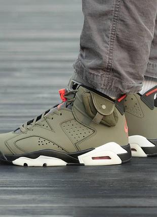 Чоловічі кросівки air jordan retro 6 x trawis scott haki хакі високі шкіряні найк аir джордан ретро (bon)