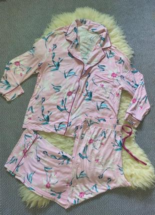 Домашний костюм пижама с рубашкой натуральная вискоза цветочный принт домашній костюм піжама сорочкою квітковий принт