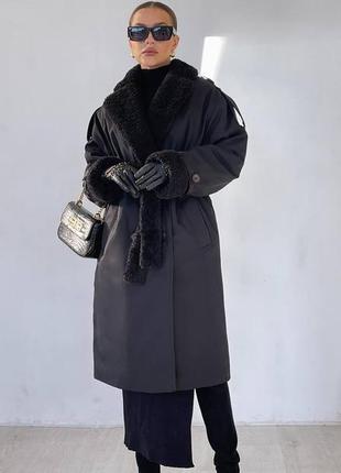Пальто парка зима длинная короткая с мехом зима черная беж2 фото