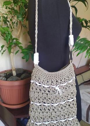 Вязаная сумка женская из пряжи" мараме" , ручной работы, цвет - серый