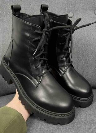 Женские черные кожаные зимние ботинки на шнурках, натуральная кожа1 фото