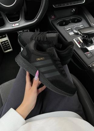 ❄️ женские кроссовки adidas originals iniki fleece termo all black grey stripes