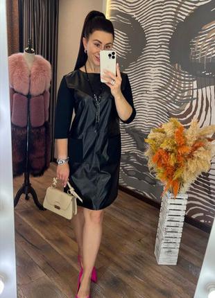 Женское стильное комбинированное черное платье миди, платье из эко-кожи6 фото