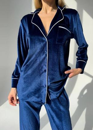 Женская пижама 🌸 бархатная пижамка 💗 темно синяя пижама 🌸 одежда для дома