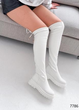 Стильные белые ботфорты зимние, кожаные, экокожа/эко-хехол, бобы высокие на зиму,женская обувь зима3 фото
