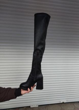 Женские черные кожаные сапоги чулки евро-мех3 фото