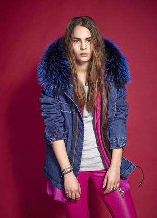 Женская джинсовая куртка трансформер mr&mrs с натуральным мехом цвет синий размер м1 фото