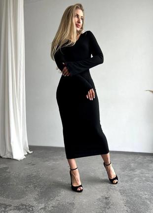 Платье миди в рубчик с удлиненными рукавами приталенное вырез со шнуровкой на спине платья по фигуре стильная трендовая черная бежевая хаки5 фото