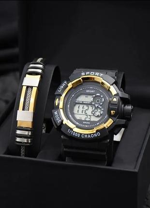 Чоловічий годинник електронний комплект браслет набір мужские часы электронные браслеты