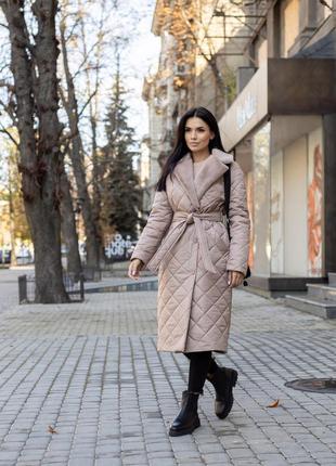 Женское зимнее стеганое пальто под пояс с мехом стокгольм какао7 фото