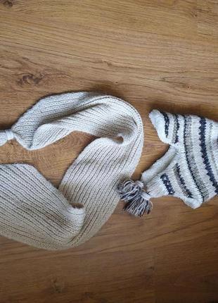 Якісний теплий в'язаний беж комплект шапка ушанка на меху і шарф.8 фото