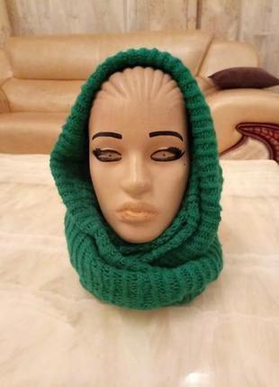 Зеленый вязаный шарф хомут платок. теплый вязаный шарф1 фото