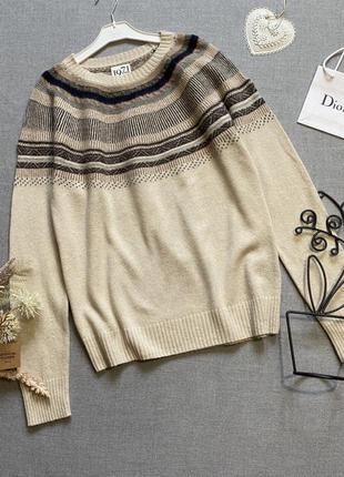 Натуральный вязаный свитер премиального бренда reiss, альпака, шерсть, с кокеткой, узорами, молочный,1 фото