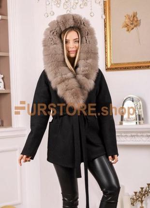 Пальто кашемир с меховым капюшоном winter-fox