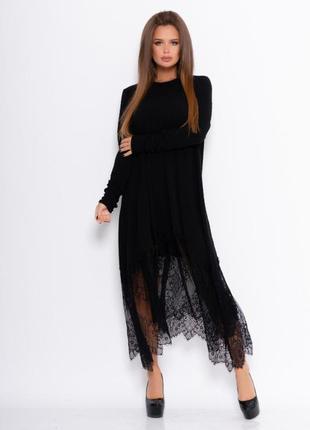 Чорне фактурне вільне плаття з мереживом