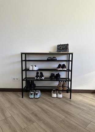 Полка для обуви rt 5-100см чёрная / дуб сонома (металлическая, разборная, loft-стиль)5 фото