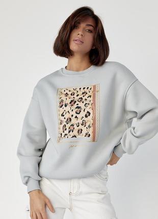 Женский теплый свитшот с леопардовым принтом утепленный на флисе белый молочный серый кремовый черный теплый кофта леопардовая8 фото