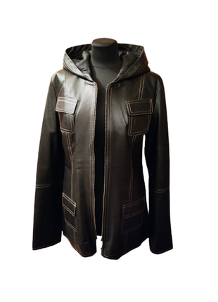 Куртка с капюшоном, кожа, синтепон, черная, женская, m/l3 фото