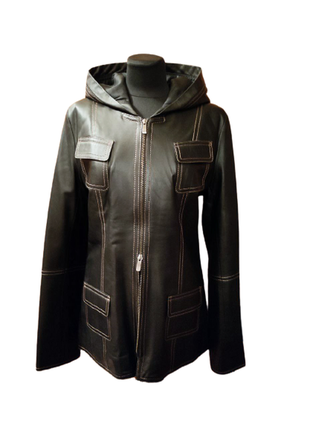 Куртка с капюшоном, кожа, синтепон, черная, женская, m/l4 фото
