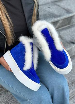 Екслюзивні черевики високі лофери з натуральної італійської шкіри та замші жіночі з норкою