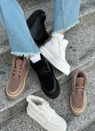 Стильные ботинки высокие лоферы из натуральной итальянской кожи и замши женские с мехом баранца4 фото