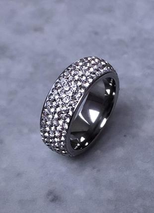 Кільце колечко каблучка широке доріжка блискуче з маленькими камінчиками камінням діамантами стразами кристалами сріблясте під срібло розмір 18