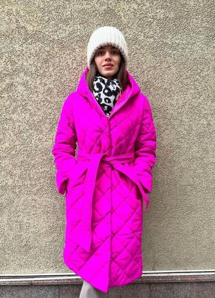 Женское зимнее пальто с пояском женская зимняя куртка зима удлиненная длинная белая черная малина розовая наложка после платья7 фото