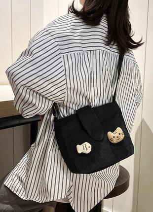 Сумка шоппер котик с рыбкой черный