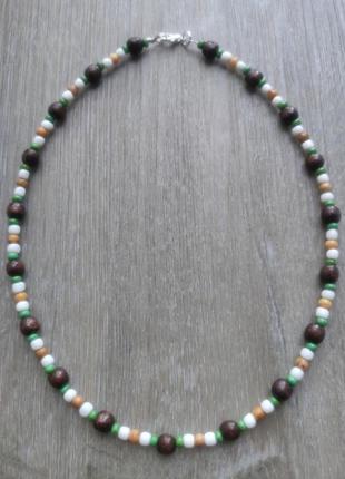 Тренд эко чокер, колье, ожерелье, подвеска, бусы агат, дерево, чешский бисер, в этно...