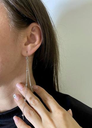 Серьги-протяжки четырехконечная звезда, сережки длинные с звёздами и шариками, серебряное покрытие 925 пробы