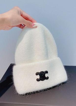 Молочна шапка вовняна шапка з ангори celine брендовая шапка молочная шапка с ангоры1 фото