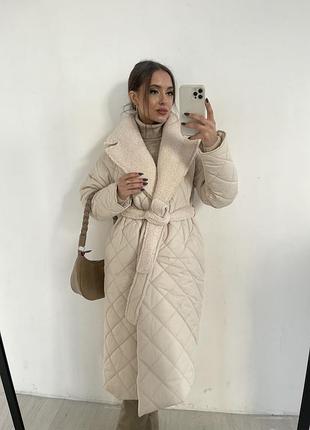 Стеганое пальто с меховым воротником миди макси длинное короткое зимнее теплое люкс xs s m l xl молочное беж черный