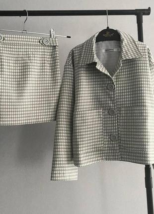 Костюм гусиная лапка оливковый пиджак+юбка