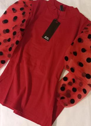 Гольф блузка облегающая нарядная с  прозрачным пышным рукавом красная7 фото