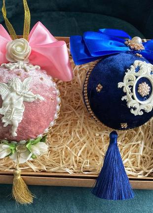 Набір з 2 оксамитових кульок синього та рожевого  кольору1 фото