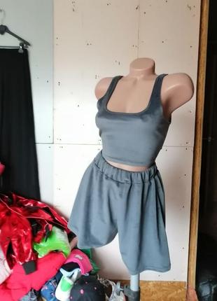 Плюшевая велюровая пижамка стрейч юбка шорты и топ с квадратным вырезом домашний костюм4 фото