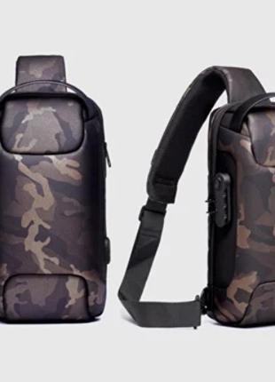 Нагрудная сумка рюкзак мужская, слинг с кодовым замком и разъемом для usb-кабеля камуфляж