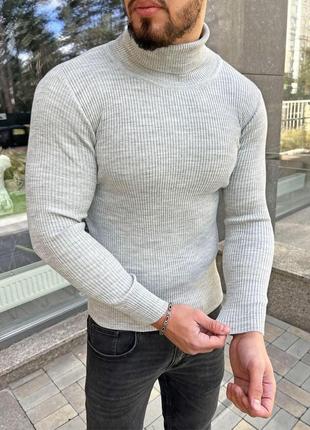 Мужской теплый гольф черный приталенный шерстяной утепленный свитер под горло (b)3 фото