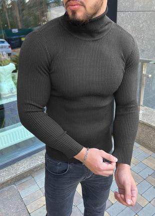 Мужской теплый гольф черный приталенный шерстяной утепленный свитер под горло (b)5 фото