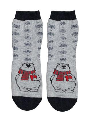 Новорічні жіночі махрові шкарпетки з ведмедем1 фото
