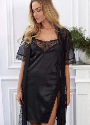 L xl mishan livia corsetti домашній комплект чорний атлас і мереживо халат і пеньюар сорочка
