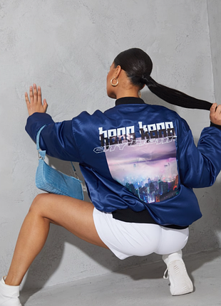 Куртка бомбер синий с рисунком города на спине🌌