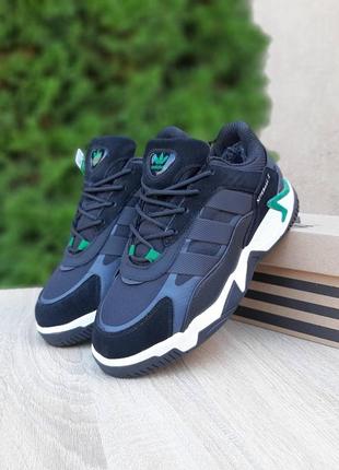 Зимние мужские кроссовки adidas niteball ll winter black green fur черного с зеленым цветом с мехом