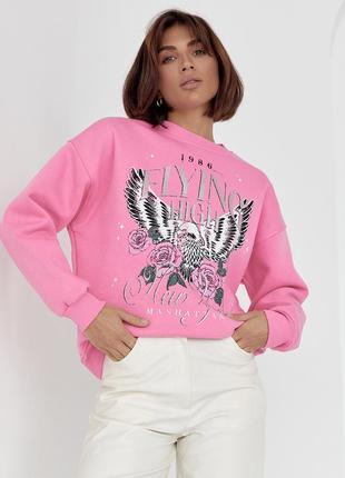 Трендовый утепленный свитшот с принтом надписи розы птица орел / свитер оверсайз на флисе