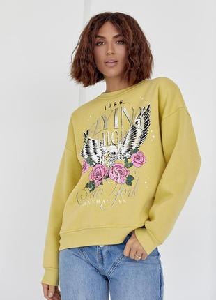Трендовый утепленный свитшот с принтом надписи розы птица орел / свитер оверсайз на флисе1 фото