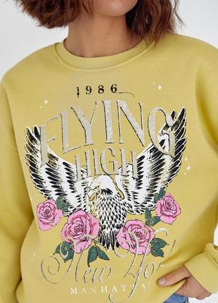 Трендовый утепленный свитшот с принтом надписи розы птица орел / свитер оверсайз на флисе4 фото